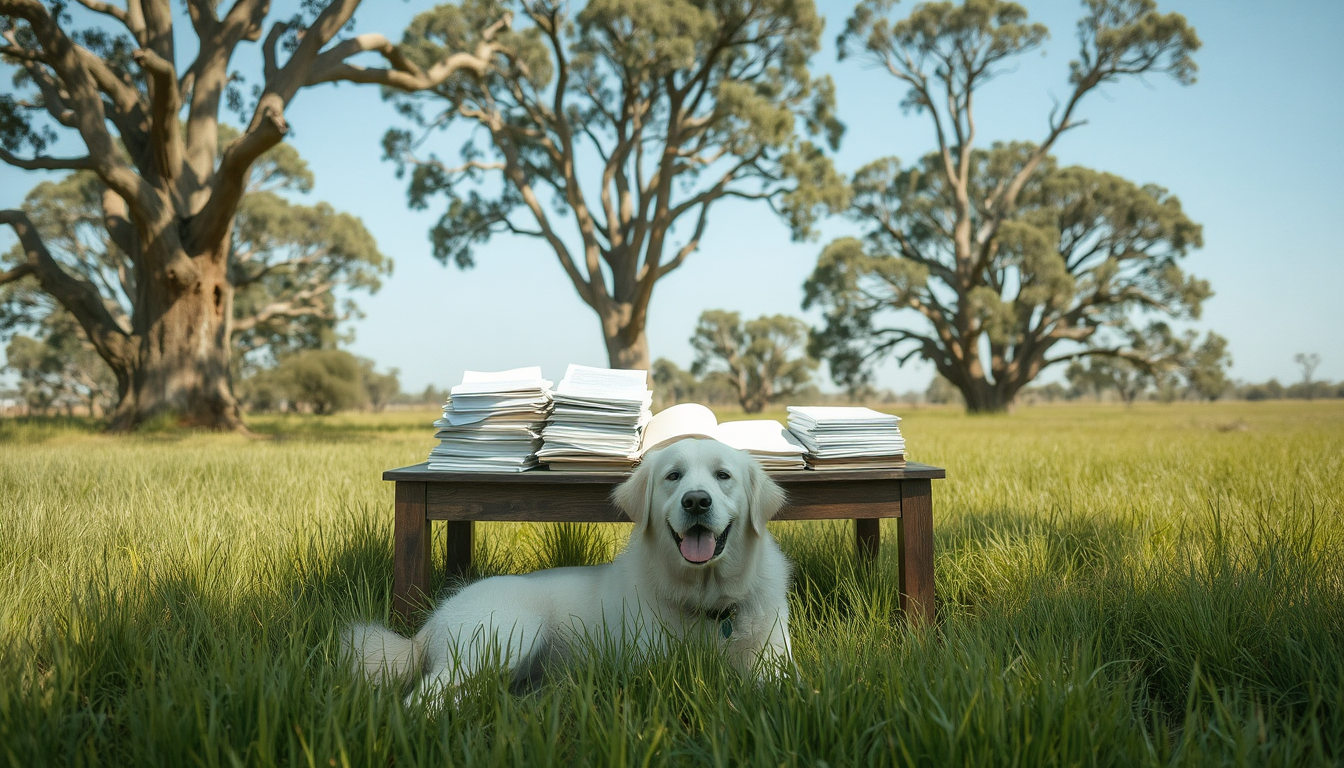 AI photo of a Maremma in front of documents on a farm like ours